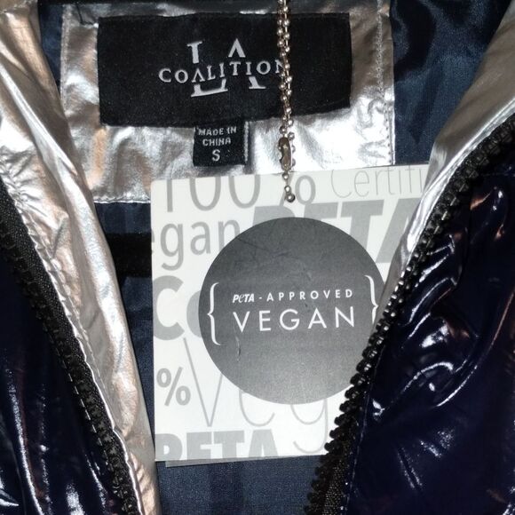 New Navy Blue & Silver Vegan Puffer Jacket Quilted LA Coalition-NWT - Picture 13 of 14